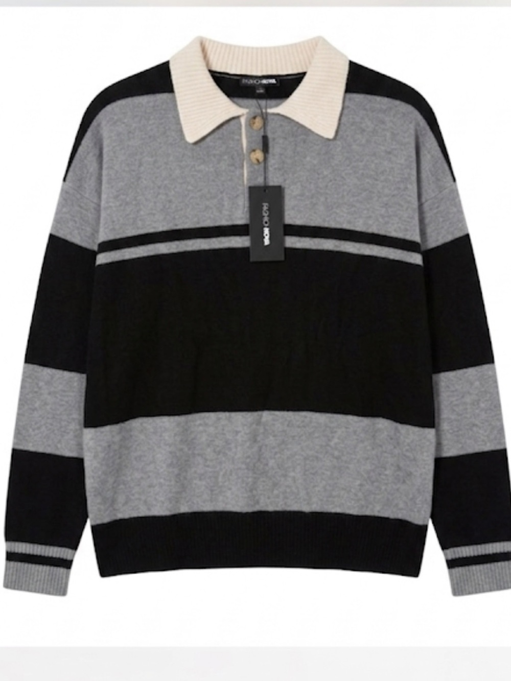 Fashion Nova Two-Tone Gray and Cream Ribbed Collar Knit Polo